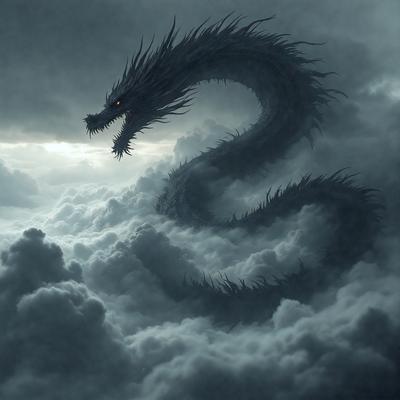 Primary subject: A dragon with a long neck and horns, flying through the clouds.

Setting/background: The dragon is flying through a cloudy sky, with the clouds surrounding it.

Visual style: The image is a digital art or illustration, featuring a detailed dragon and a dramatic cloudy sky.

Colors and mood: The image has a dark and dramatic mood, with the dragon and clouds creating a sense of mystery and power.